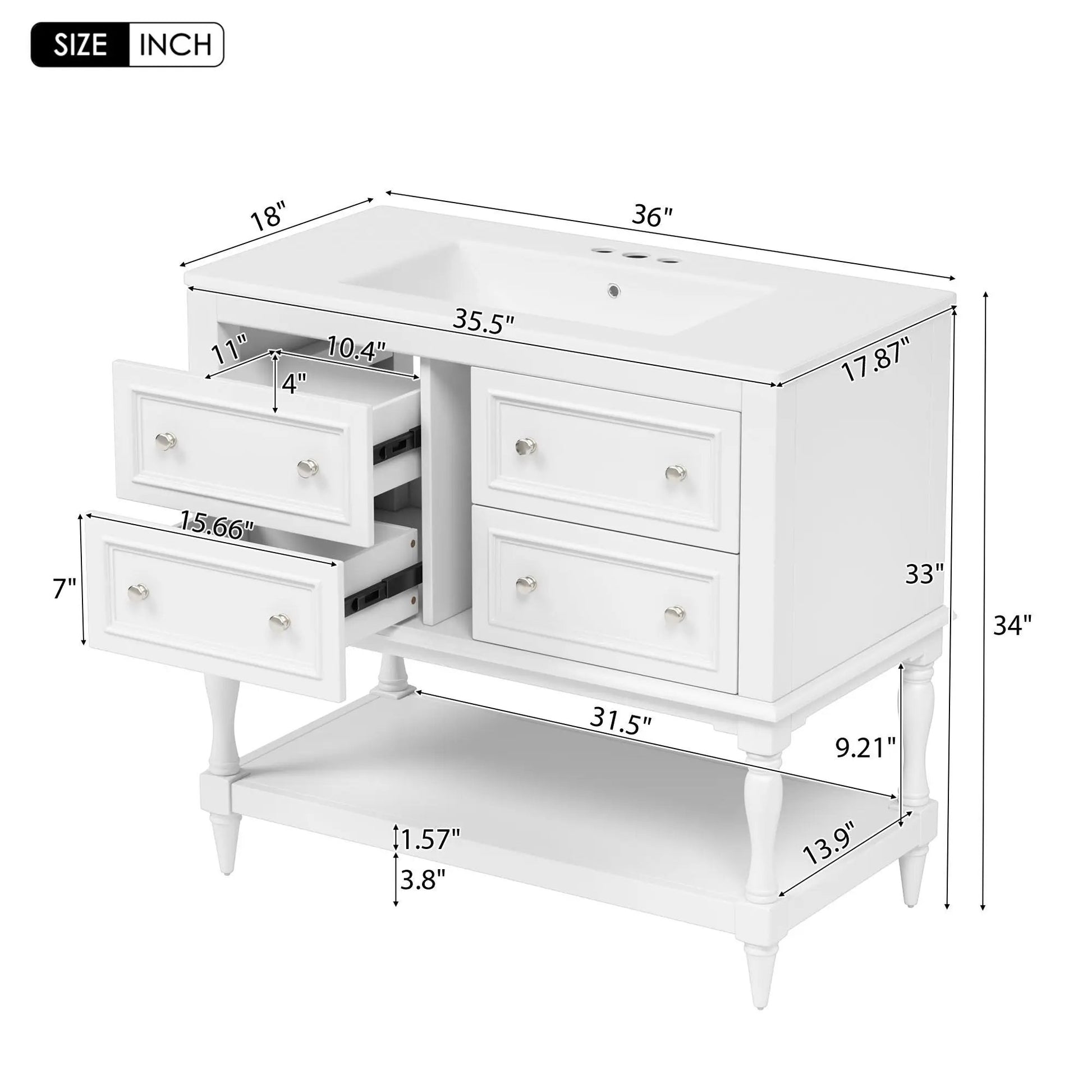 White bathroom vanity cabinet with undermount sink and four drawers on Tampa Home & Garden Store
