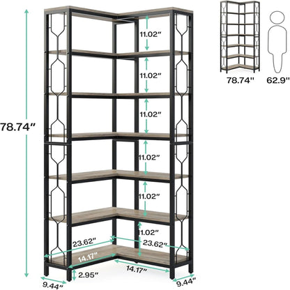 HouseOfZazla 7-Tier Bookshelf Hexagonal Design dark brown wood shelves on black metal on Tampa Home & Garden Store