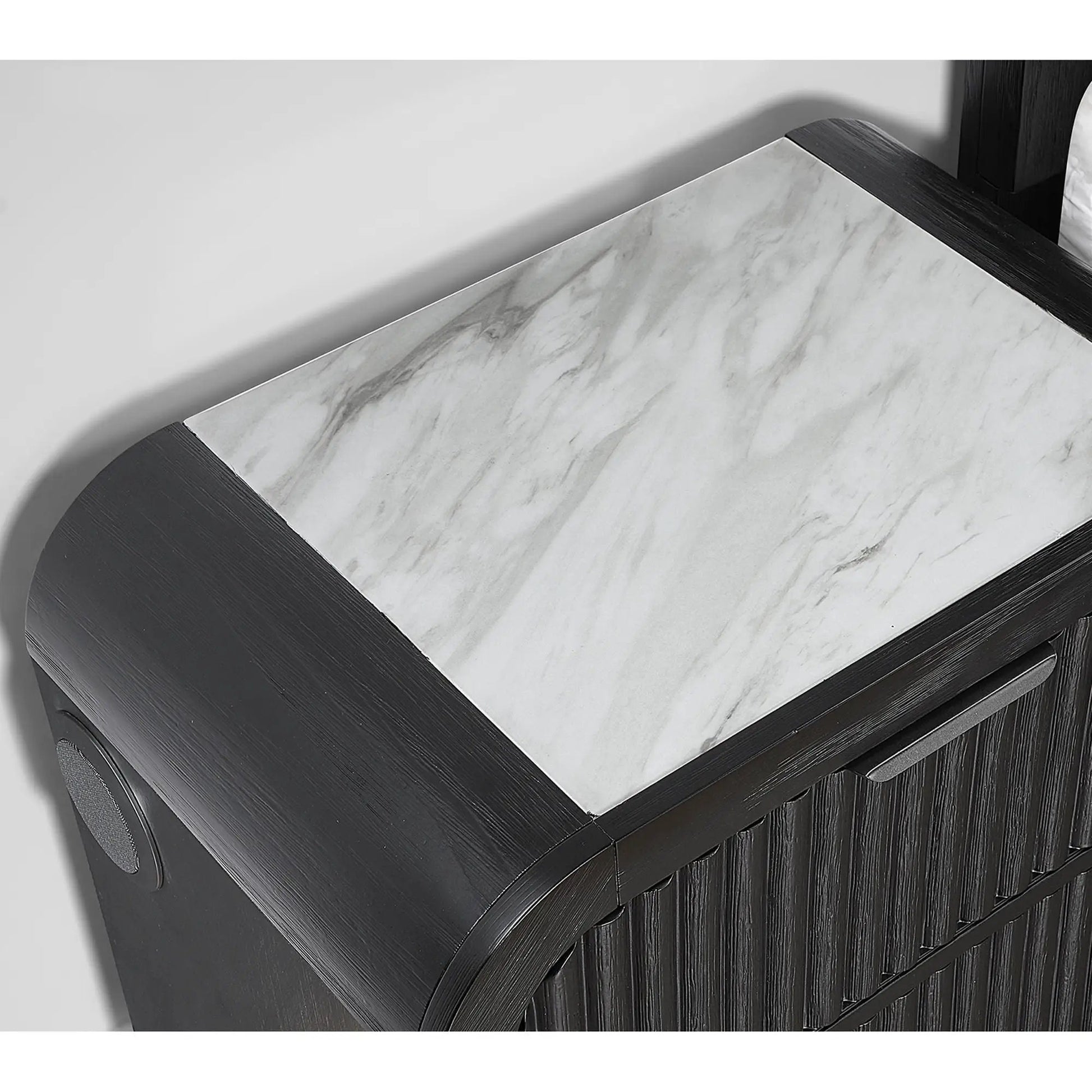 Beverly accent chest with white marble top on black wood frame LED lighting on Tampa Home & Garden Store