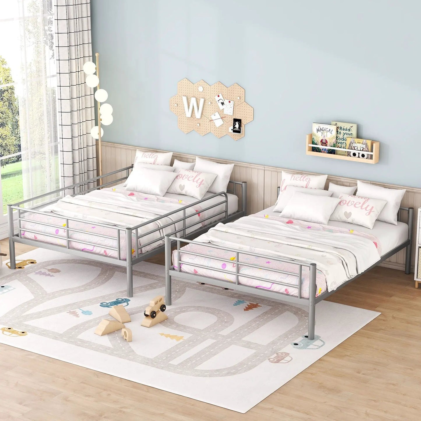 Steel Construction Bunk Beds with gray metal frames, twin-size beds, set of two on Tampa Home & Garden Store
