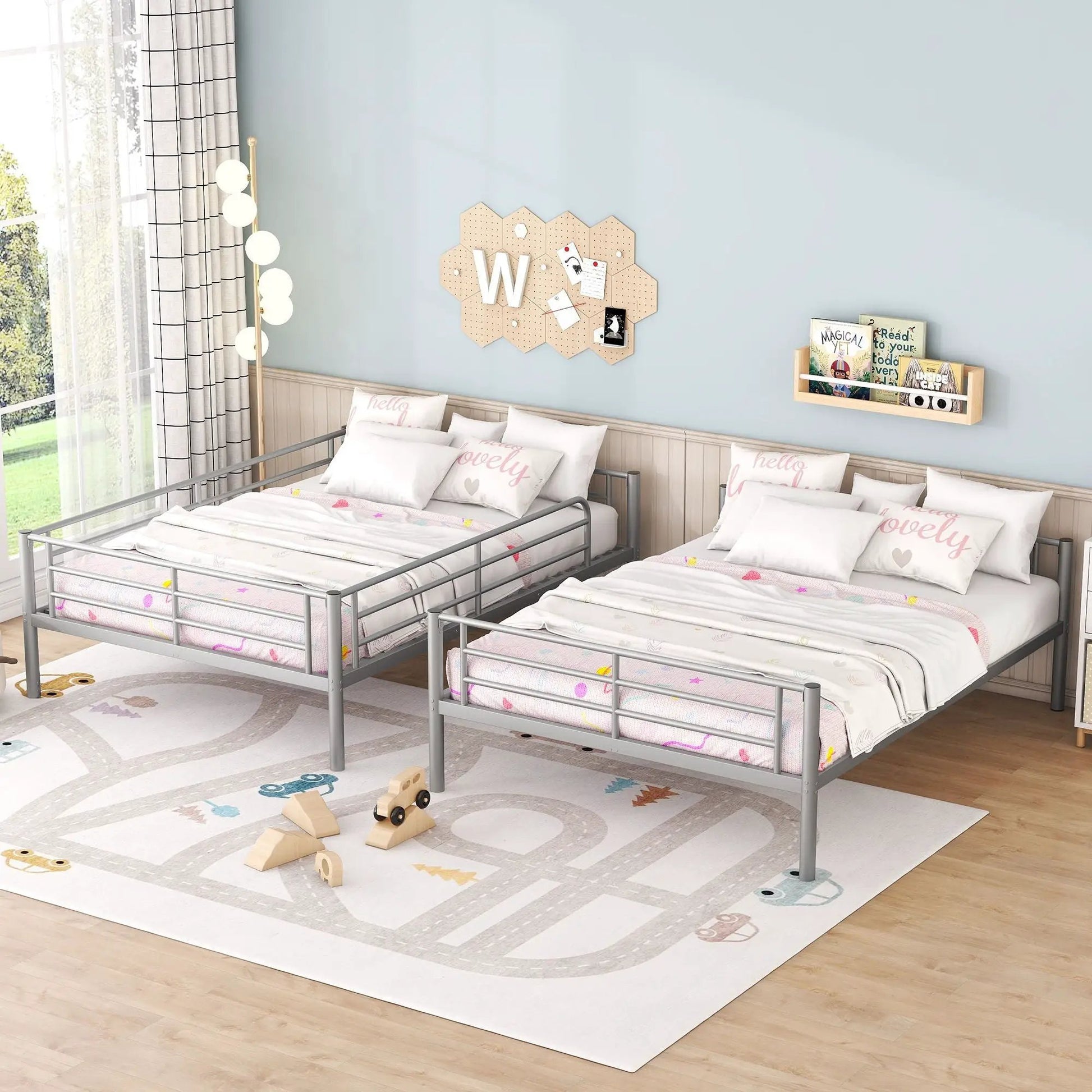 Steel Construction Bunk Beds with gray metal frames, twin-size beds, set of two on Tampa Home & Garden Store