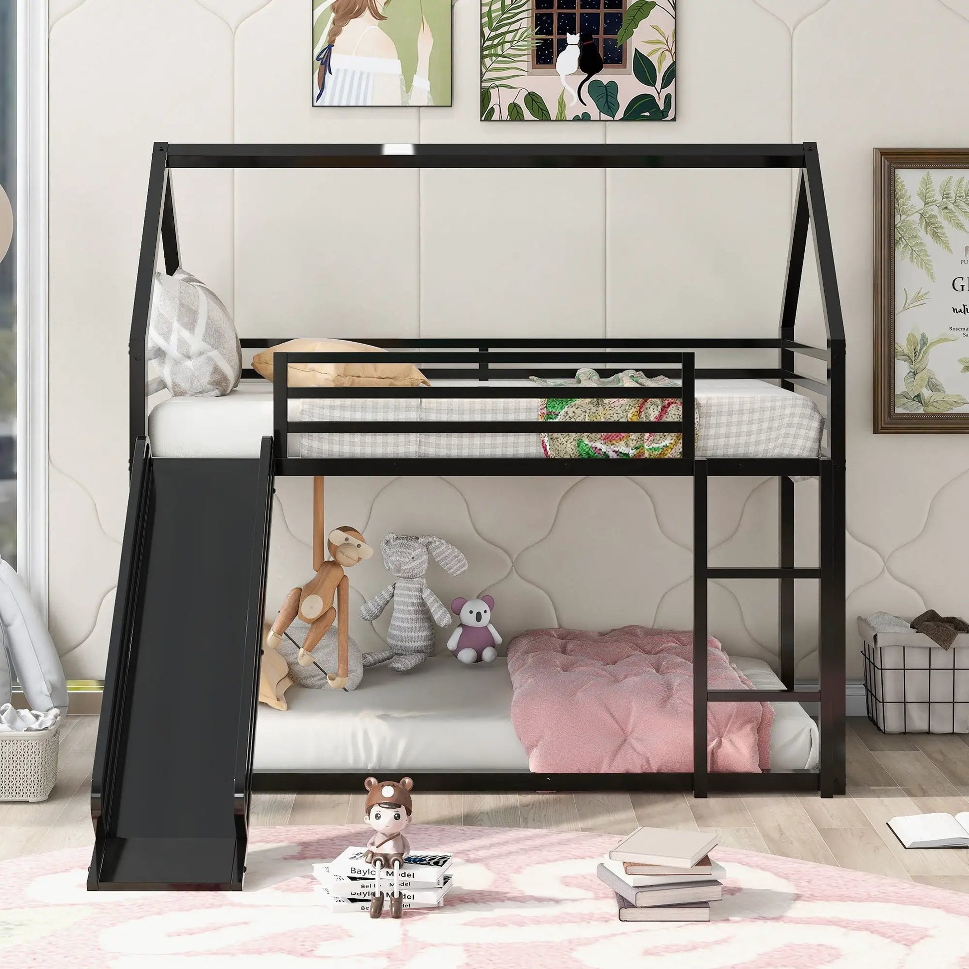 Twin Over Twin House Bunk Bed With Ladder And Slide black metal frame Unique Piece Furniture on Tampa Home & Garden Store