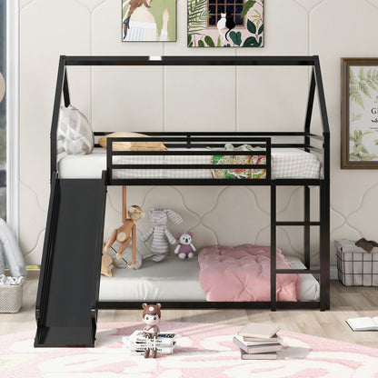 Twin over twin bunk bed by HouseOfZazla in black metal with ladder and slide on Tampa Home & Garden Store