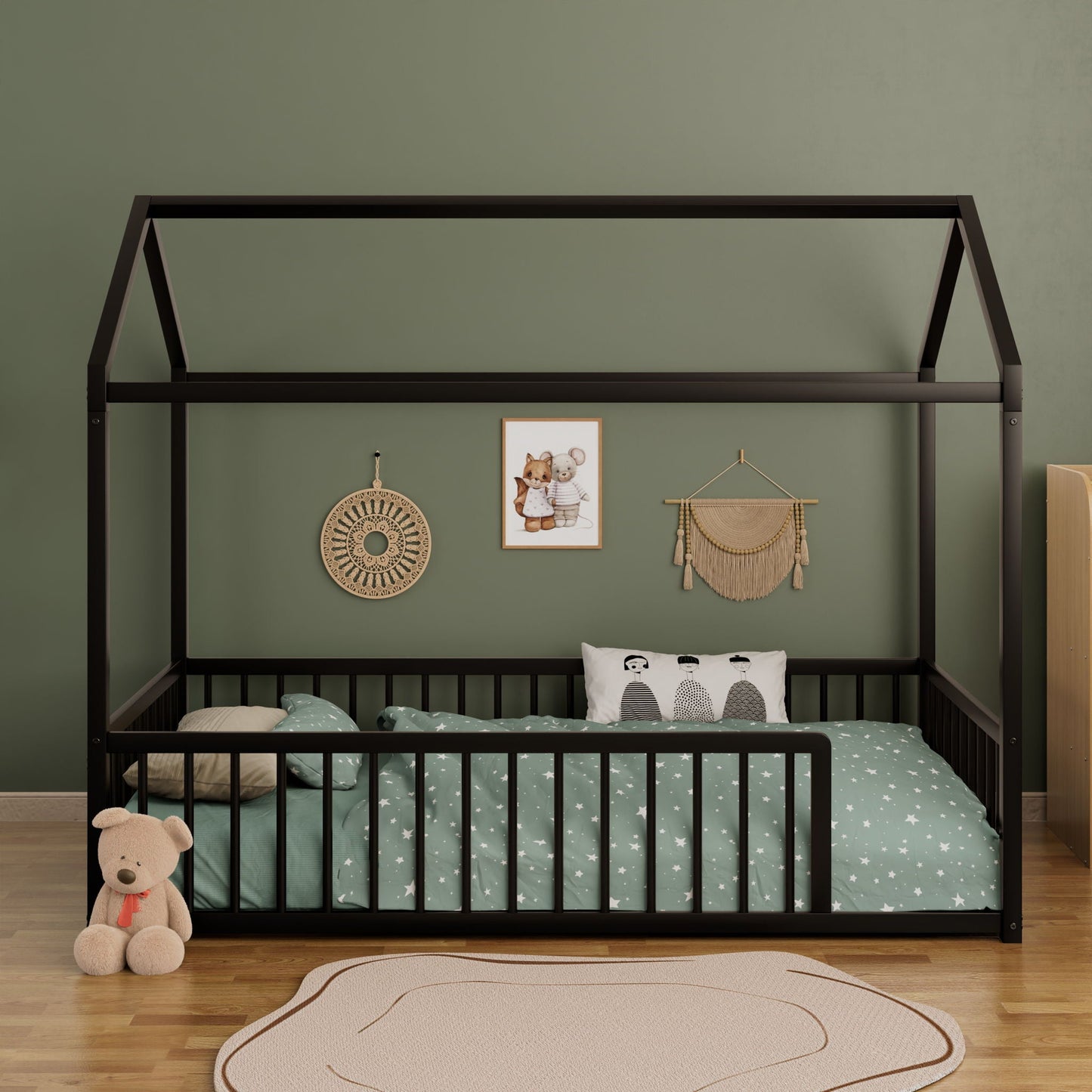 Cozy Montessori House Floor Bed and a Safety Rail