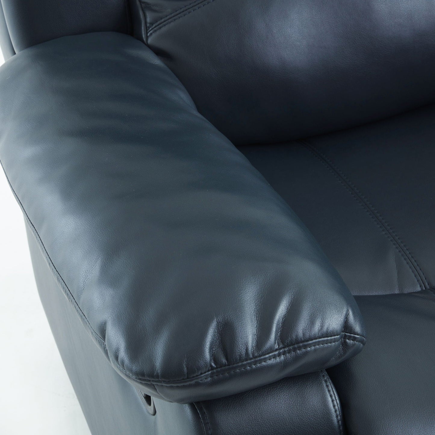 Charlotte Gel Glider Recliner blue leather upholstery with visible stitching on Tampa Home & Garden Store