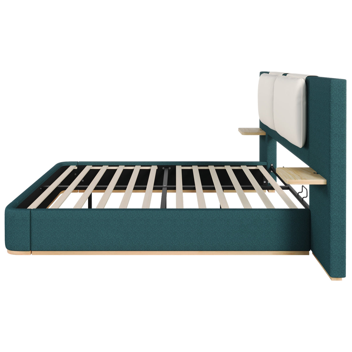 Queen size upholstered platform bed in teal with cream panel headboard by HouseOfZazla on Tampa Home & Garden Store