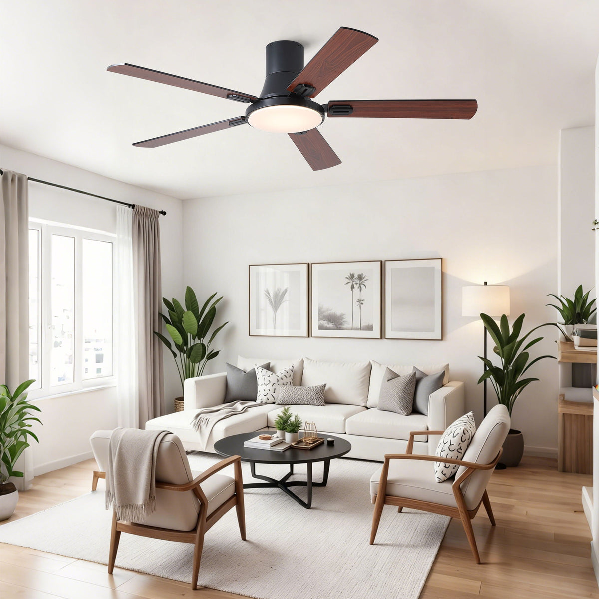 Flush mount ceiling fan with LED light, black housing and walnut blades remote control on Tampa Home & Garden Store
