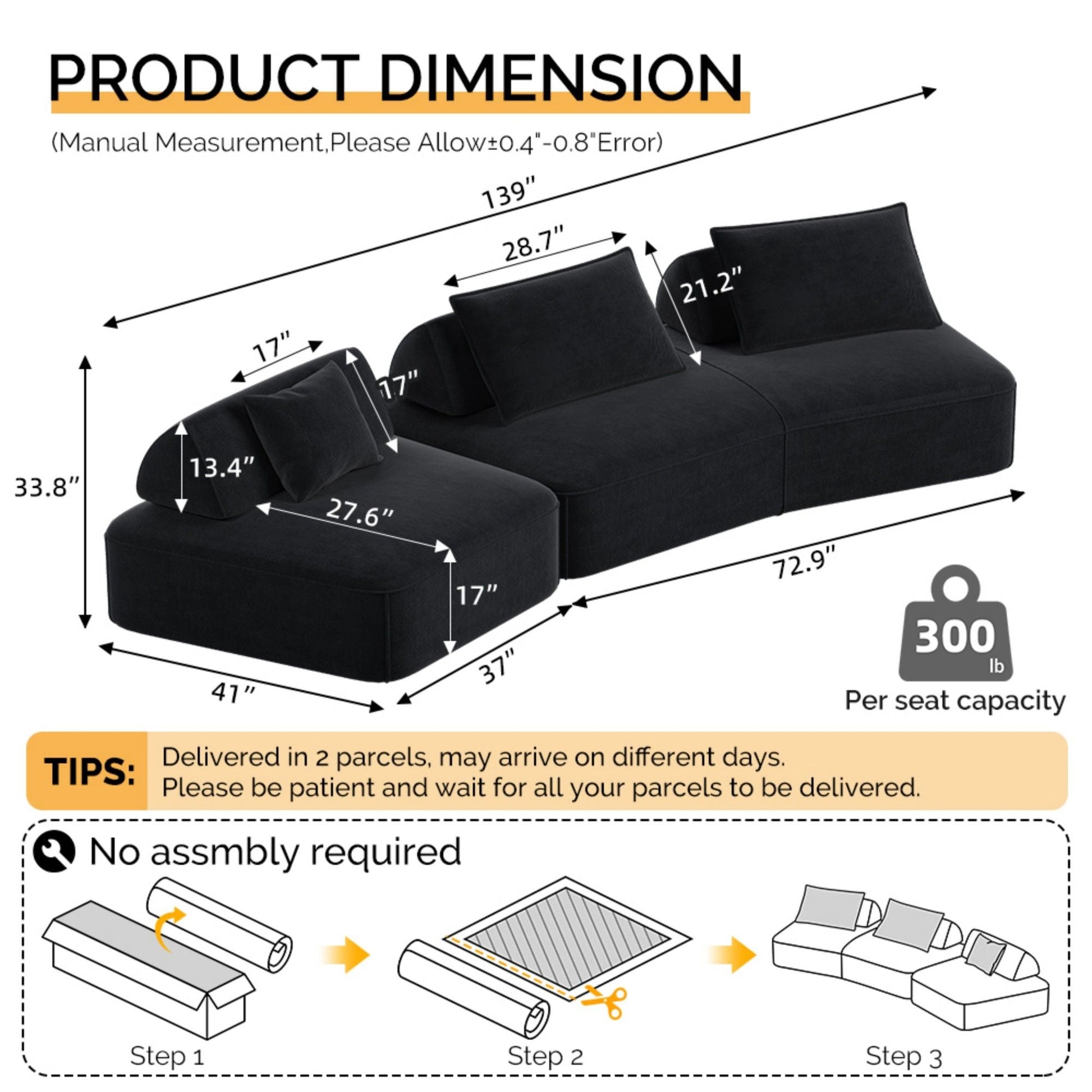 HouseOfZazla Modern Luxury Oversized Modular Sectional Sofa Set, 2-Piece Set in black fabric on Tampa Home & Garden Store