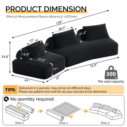 HouseOfZazla Modern Luxury Oversized Modular Sectional Sofa Set, 2-Piece Set in black fabric on Tampa Home & Garden Store