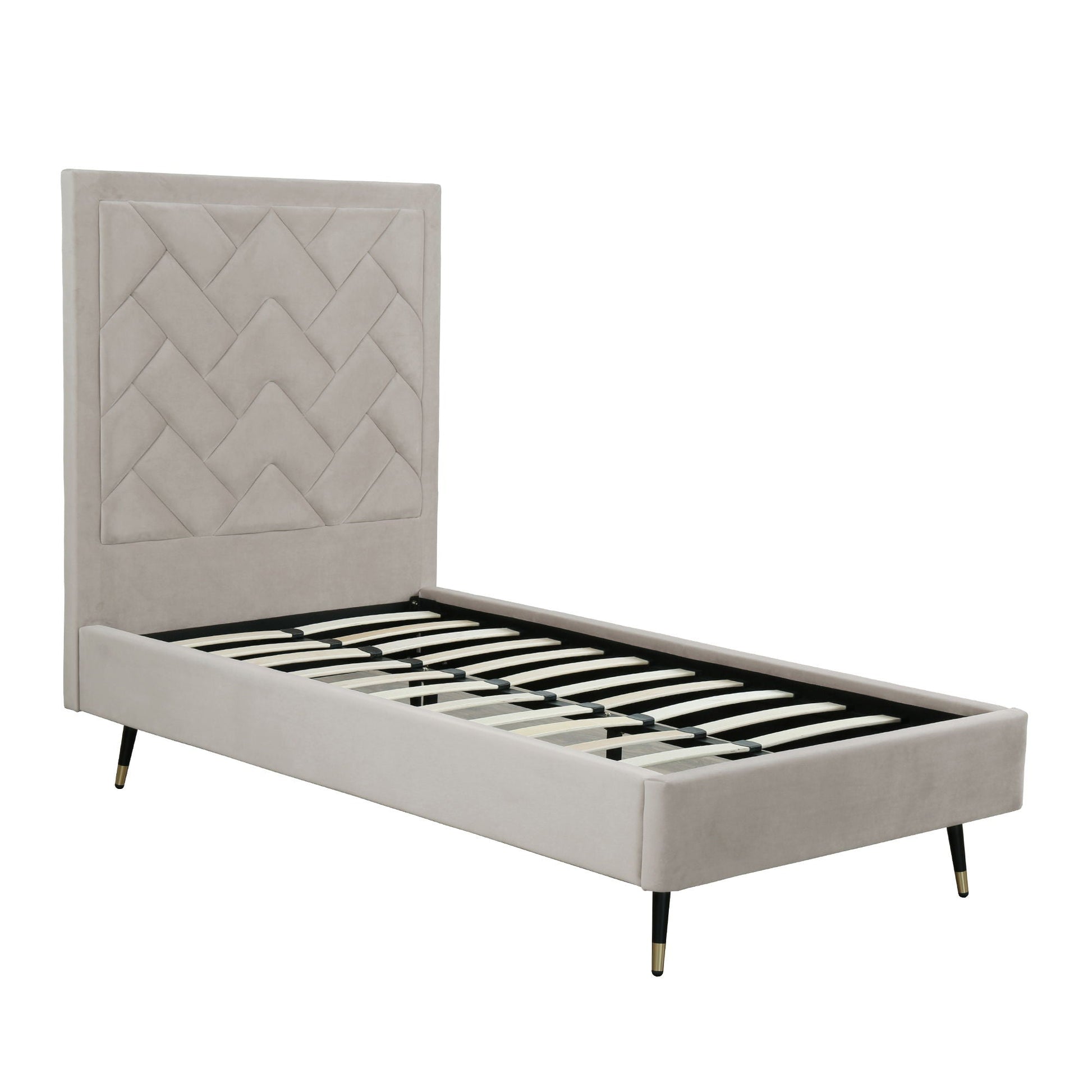 Crosby upholstered bed with diamond-tufted headboard and slats in light gray on Tampa Home & Garden Store