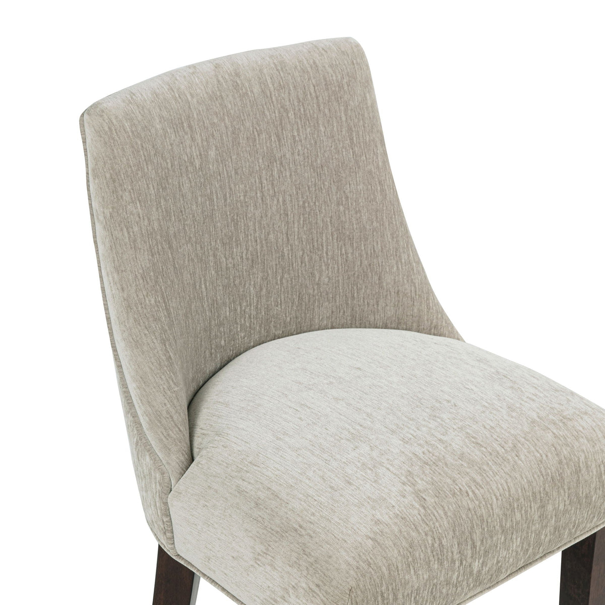 Upholstered counter stool with backrest in beige gray fabric and dark wood legs on Tampa Home & Garden Store