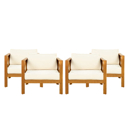 Outdoor acacia wood club chairs with cream cushions, four chairs shown HouseOfZazla on Tampa Home & Garden Store