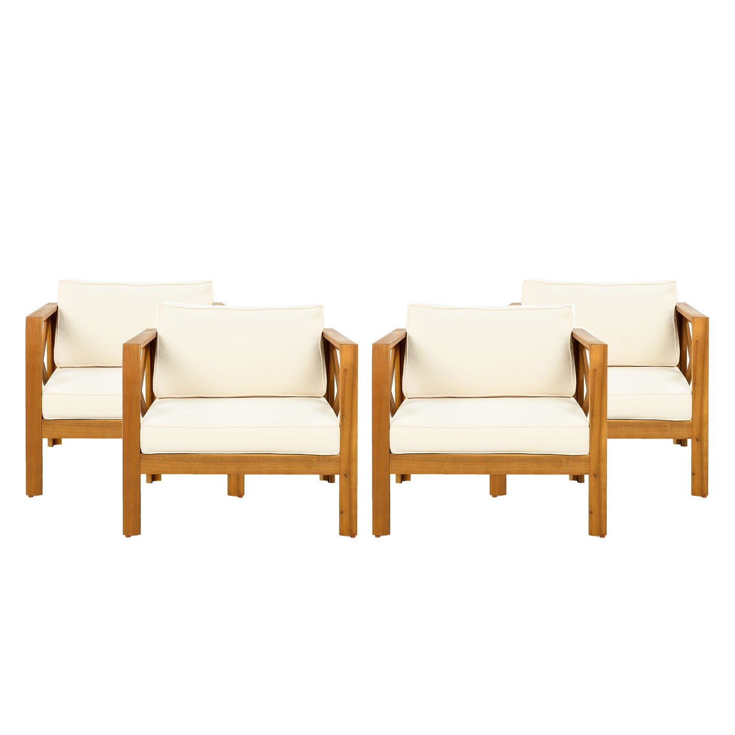 Patio conversation set with 4 acacia wood armchairs and end table, cream cushions, HouseOfZazla on Tampa Home & Garden Store