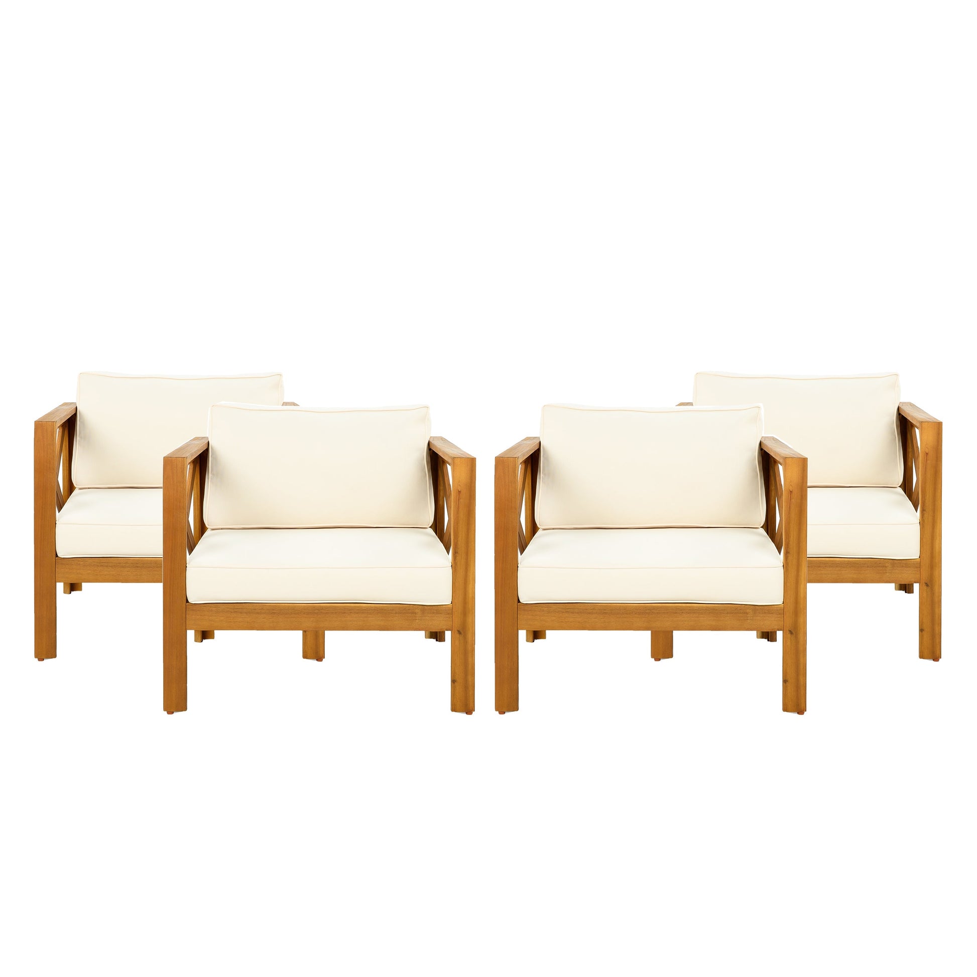 Set of four outdoor club chairs with cream cushions and wood frames by HouseOfZazla on Tampa Home & Garden Store