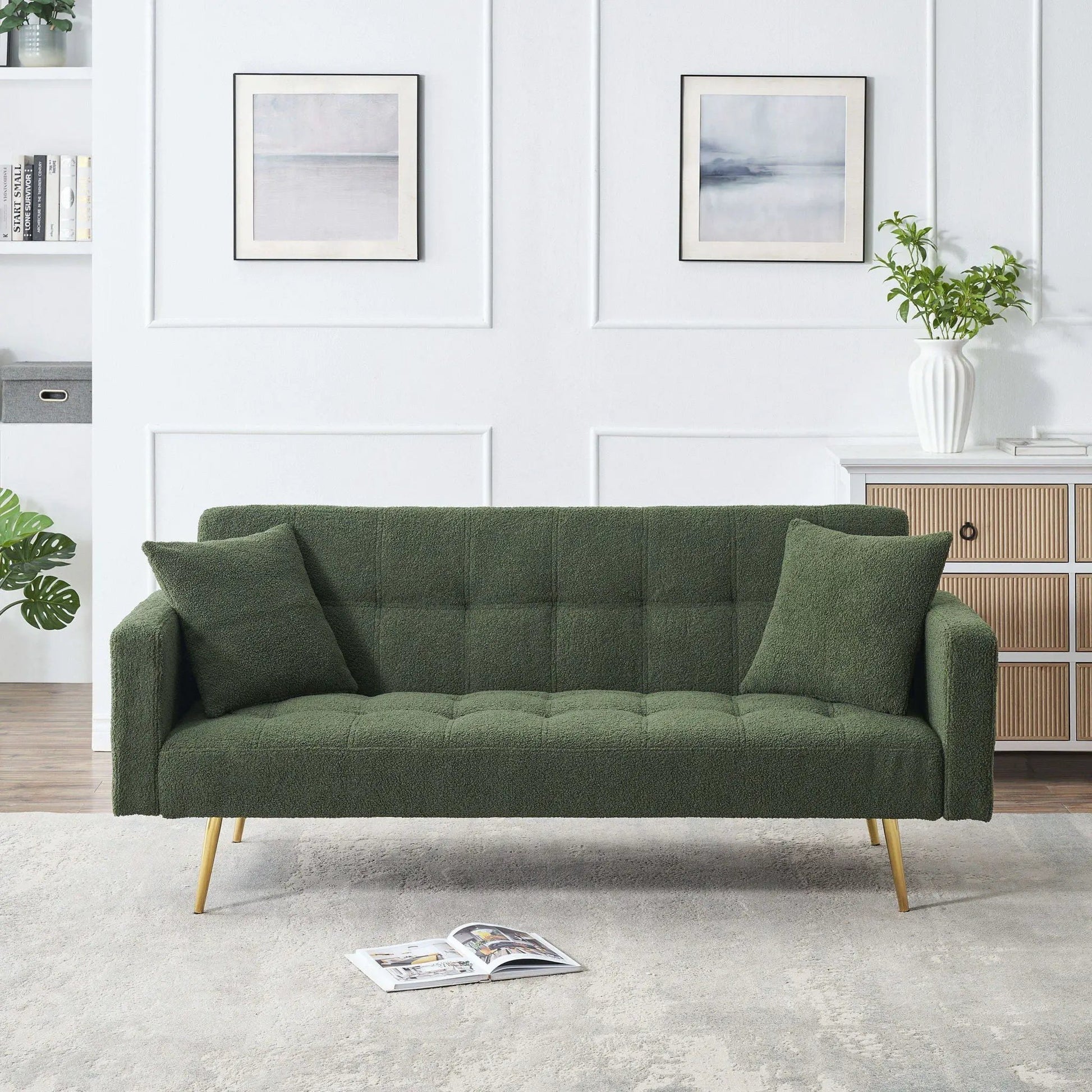 Teddy Fleece Sofa Bed by Unique Piece Furniture in dark green with luxurious throw pillows on Tampa Home & Garden Store