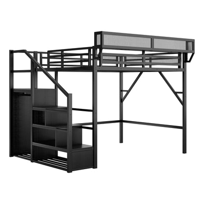 Queen Size Loft Bed with Stairs, Wardrobe and Storage Shelves in black metal frame HouseOfZazla on Tampa Home & Garden Store