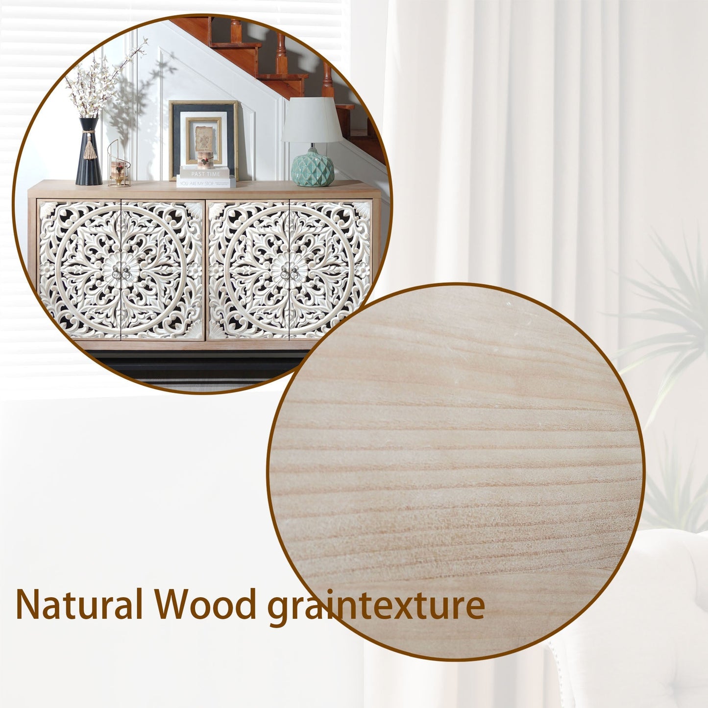 4-Door Wood Cabinet with vintage carved white panel doors, light wood frame, metal base accents on Tampa Home & Garden Store
