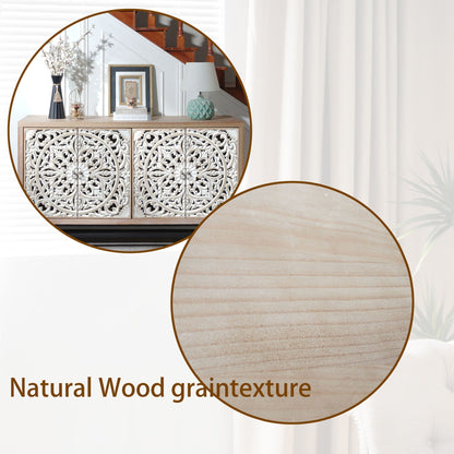 4-Door Wood Cabinet with vintage carved white panel doors, light wood frame, metal base accents on Tampa Home & Garden Store