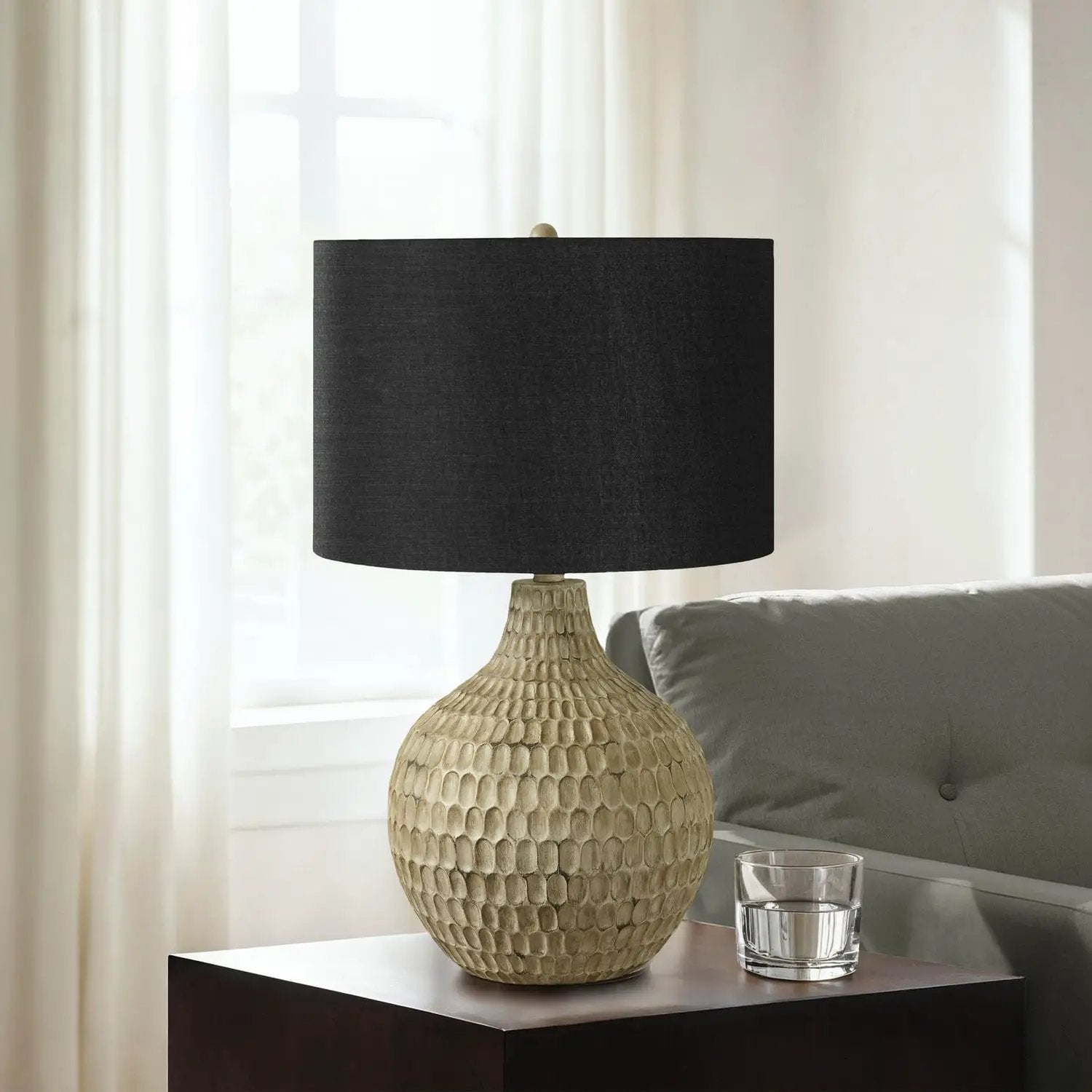 Brown resin table lamp with textured beige base and black shade by Unique Piece Furniture on Tampa Home & Garden Store