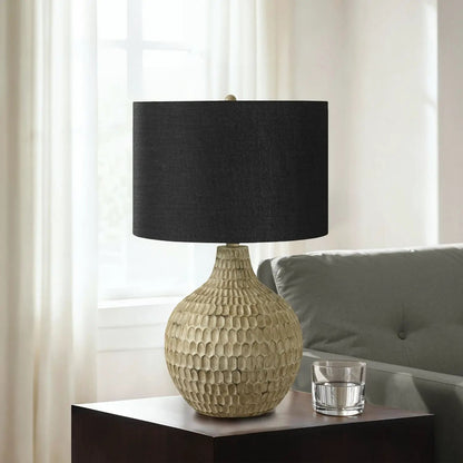 Brown resin table lamp with textured beige base and black shade by Unique Piece Furniture on Tampa Home & Garden Store