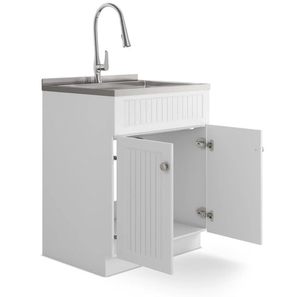 Beckham laundry vanity with chrome faucet and stainless steel sink on white beadboard cabinet on Tampa Home & Garden Store