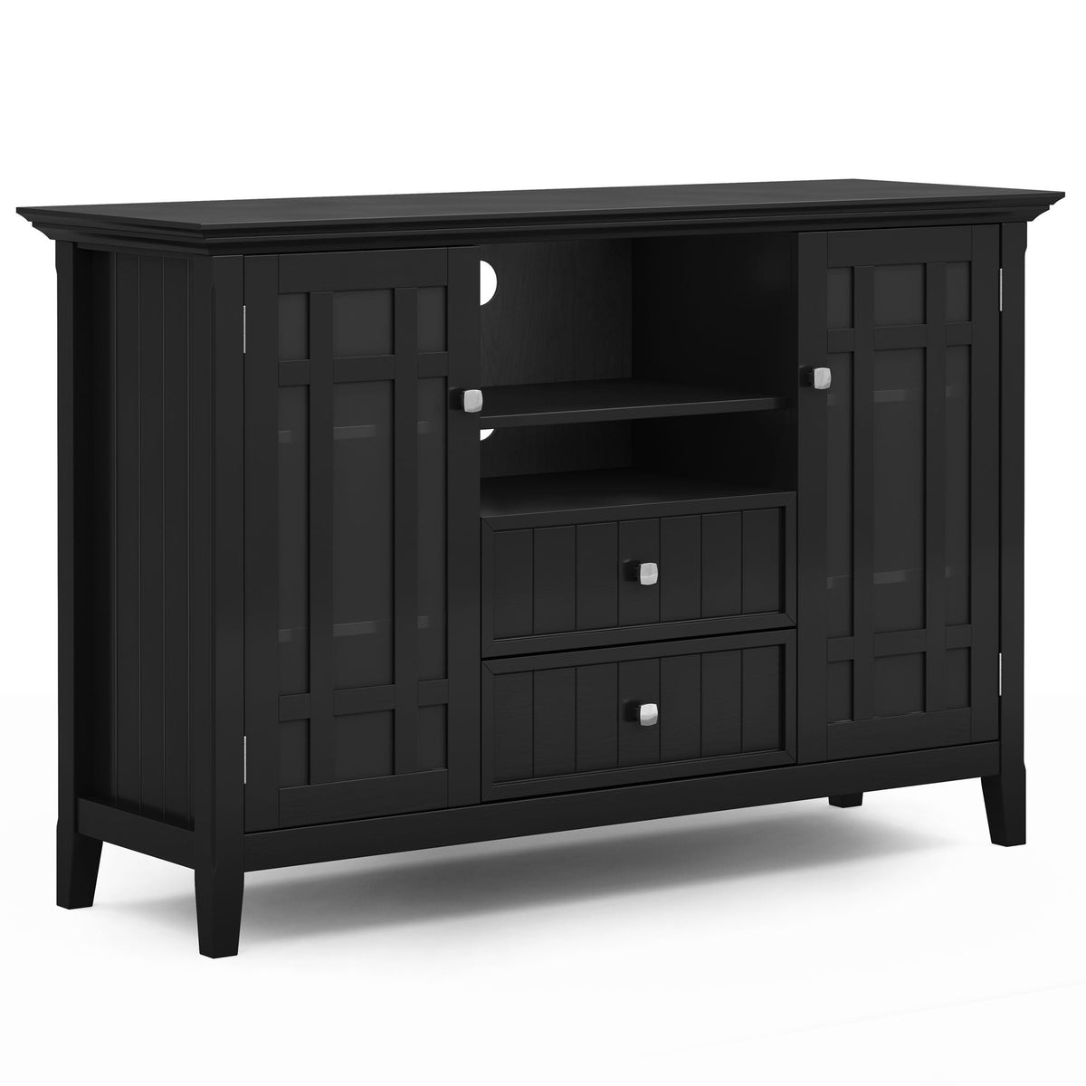 Handcrafted tall TV media stand in solid black wood with open center shelf HouseOfZazla on Tampa Home & Garden Store