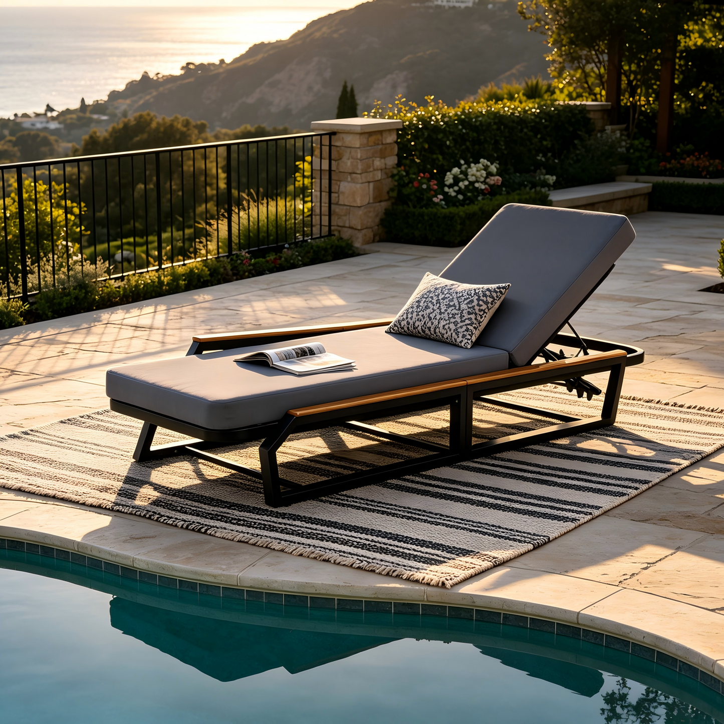 Adjustable Outdoor Chaise With A Wood Frame