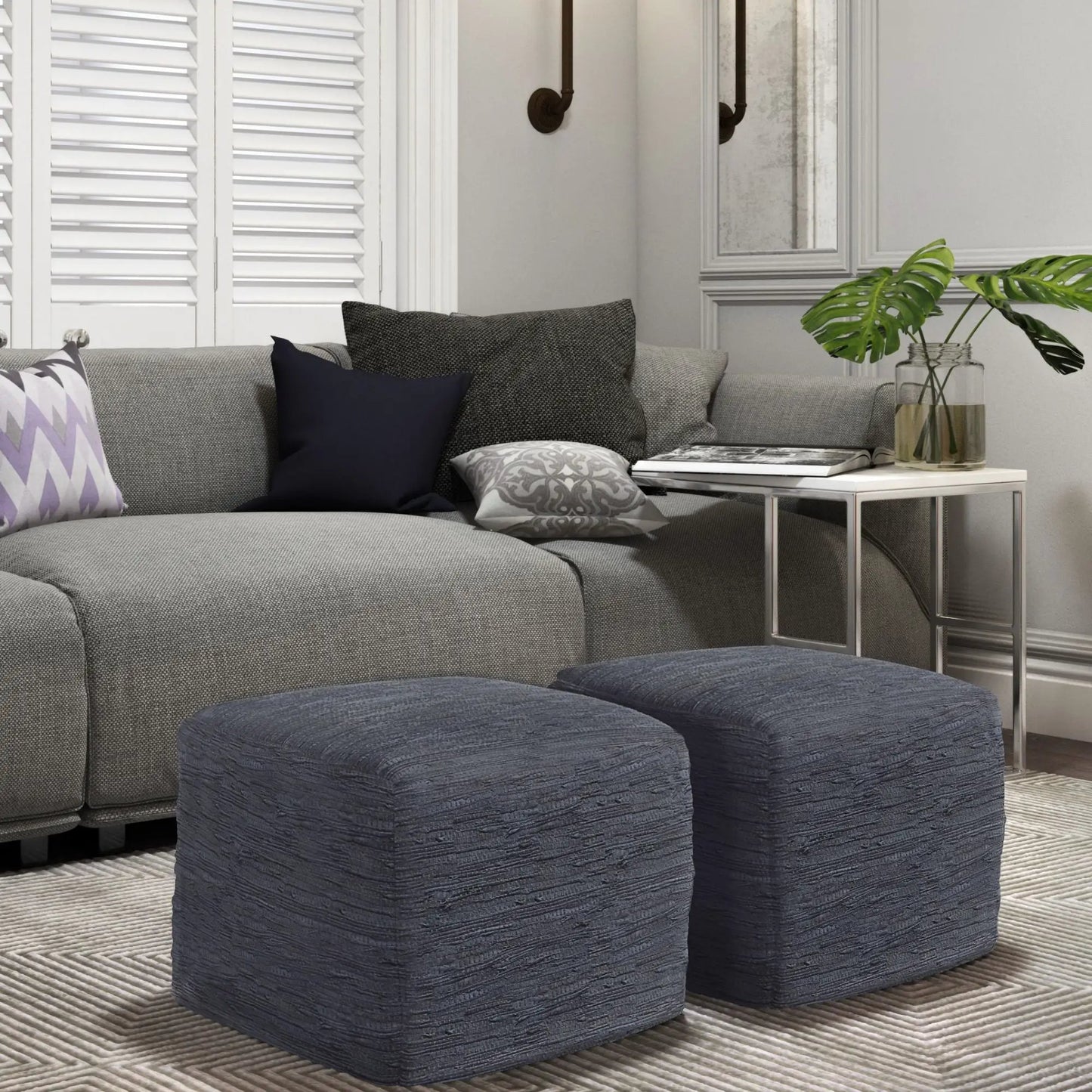 Fredrik - Handcrafted Square Pouf, set of four in dark gray textured fabric, accent poufs on Tampa Home & Garden Store