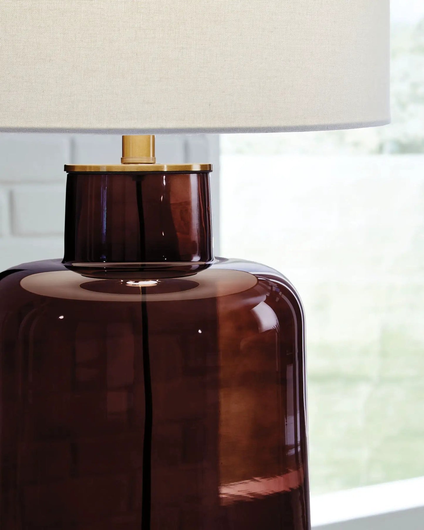 Mette glass table lamp amber base with gold hardware linen shade Unique Piece Furniture on Tampa Home & Garden Store