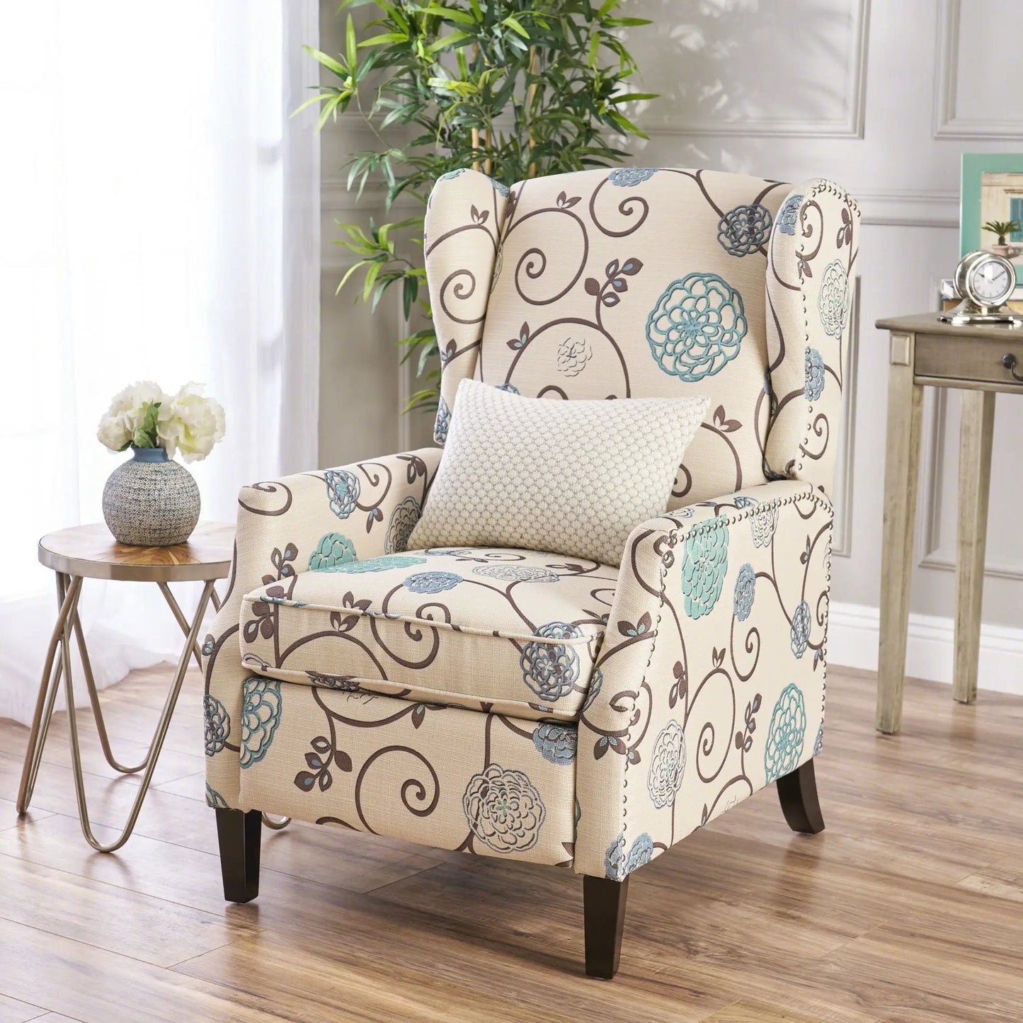 Westeros Wing Back Recliner in beige teal floral fabric by Unique Piece Furniture on Tampa Home & Garden Store