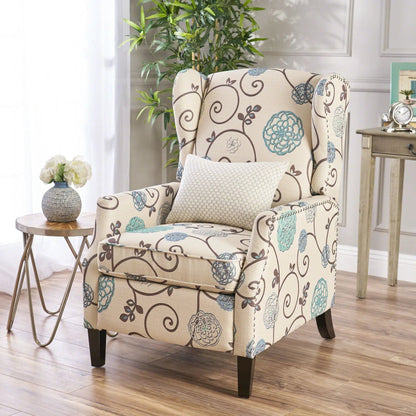 Westeros Wing Back Recliner in beige teal floral fabric by Unique Piece Furniture on Tampa Home & Garden Store