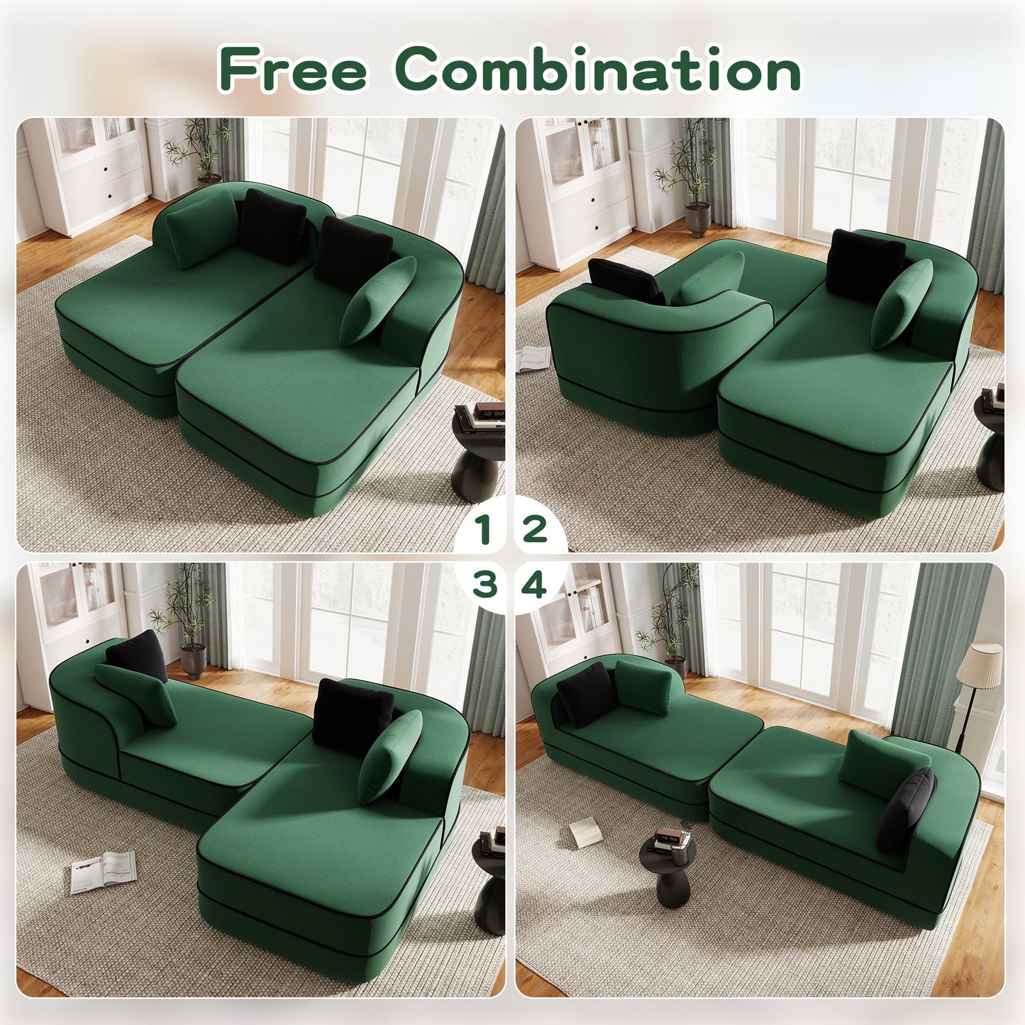 77.2" Teddy Fabric Modular Sofa in green teddy fabric modular sectional with black cushions on Tampa Home & Garden Store