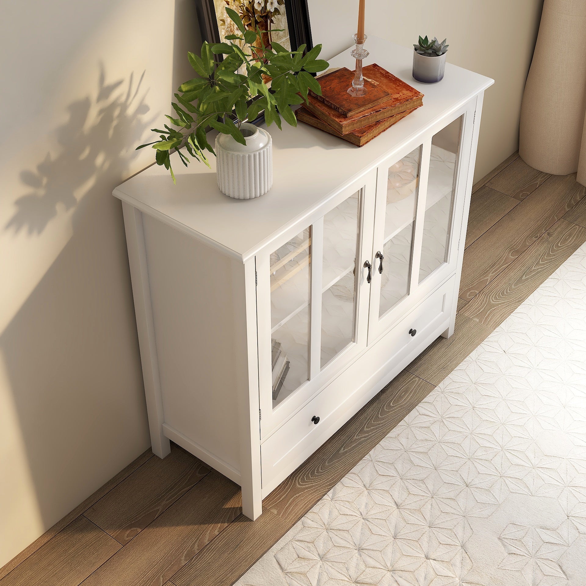 Buffet storage cabinet white with double glass doors and unique bell handles sideboard on Tampa Home & Garden Store