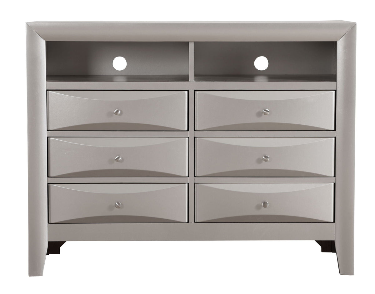 Media chest with modern beveled drawer fronts in gray by HouseOfZazla, 2 open upper cubbies on Tampa Home & Garden Store
