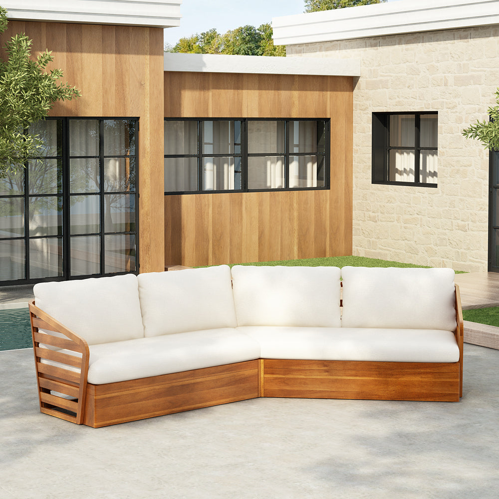 Royal Acacia Patio V Sofa Sectional Set beige cushions acacia wood frame outdoor furniture on Tampa Home & Garden Store