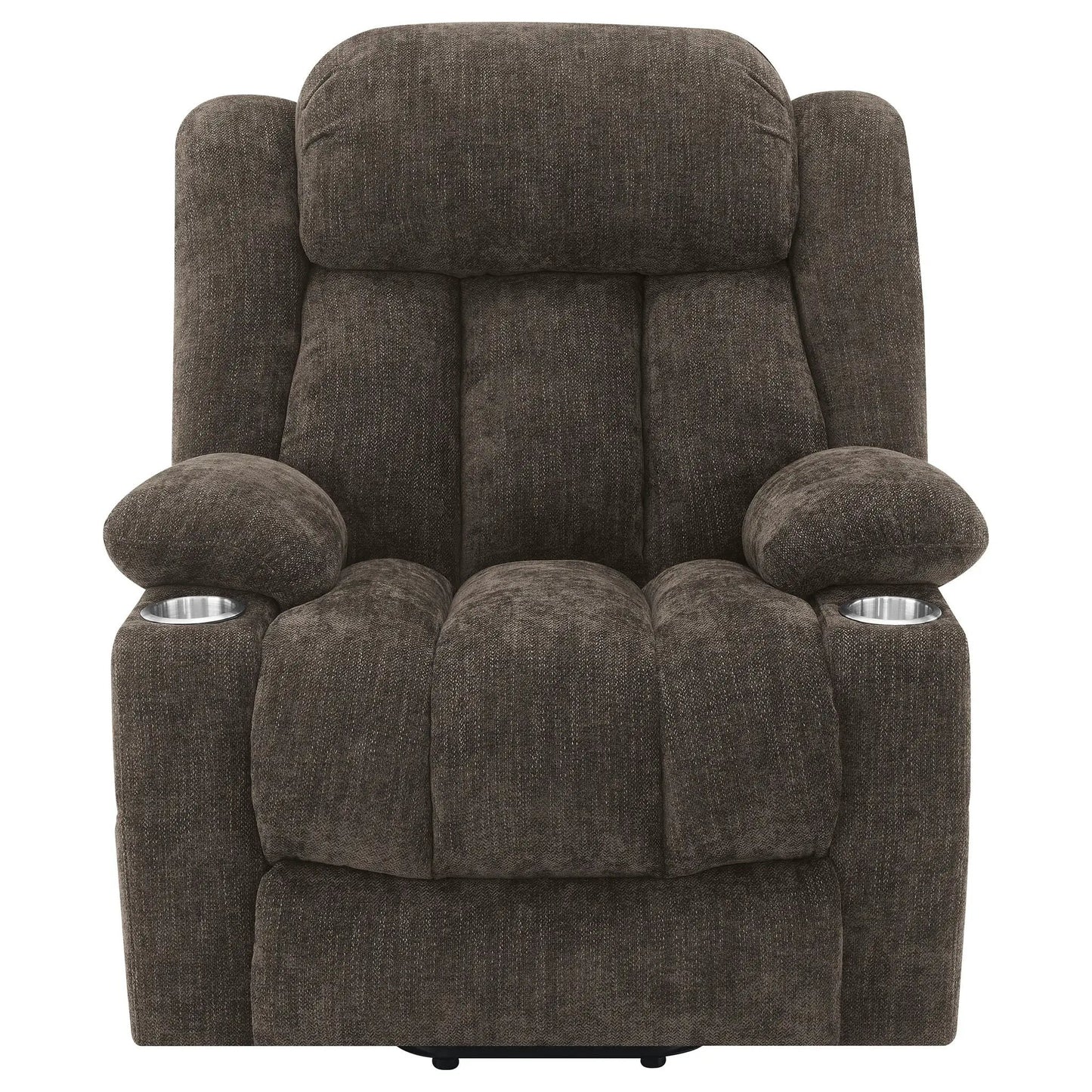 Beca upholstered power lift recliner with USB charging and cupholders in dark brown fabric on Tampa Home & Garden Store