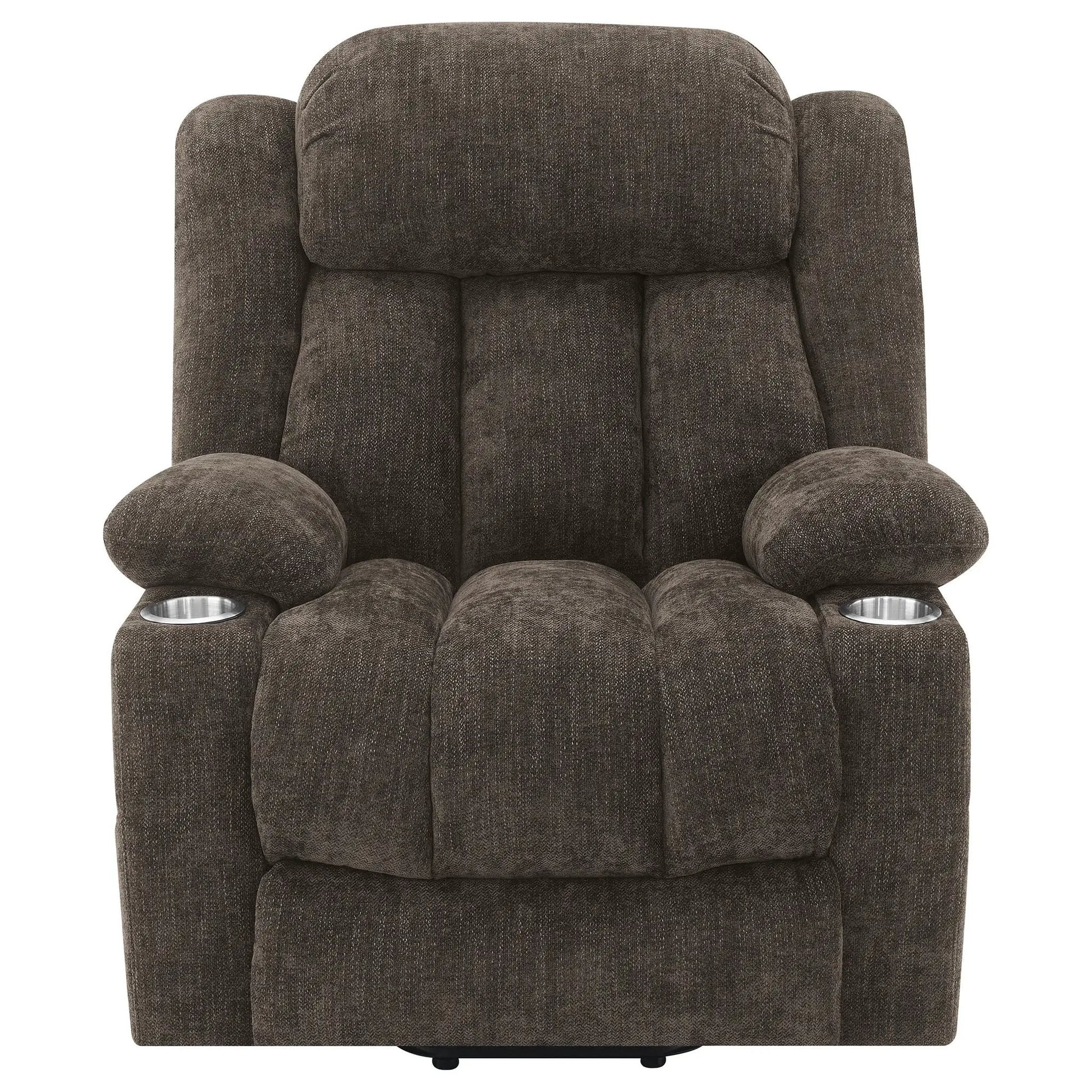 Beca upholstered power lift recliner with USB charging and cupholders in dark brown fabric on Tampa Home & Garden Store