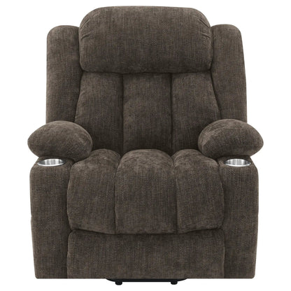 Beca upholstered power lift recliner with USB charging and cupholders in dark brown fabric on Tampa Home & Garden Store