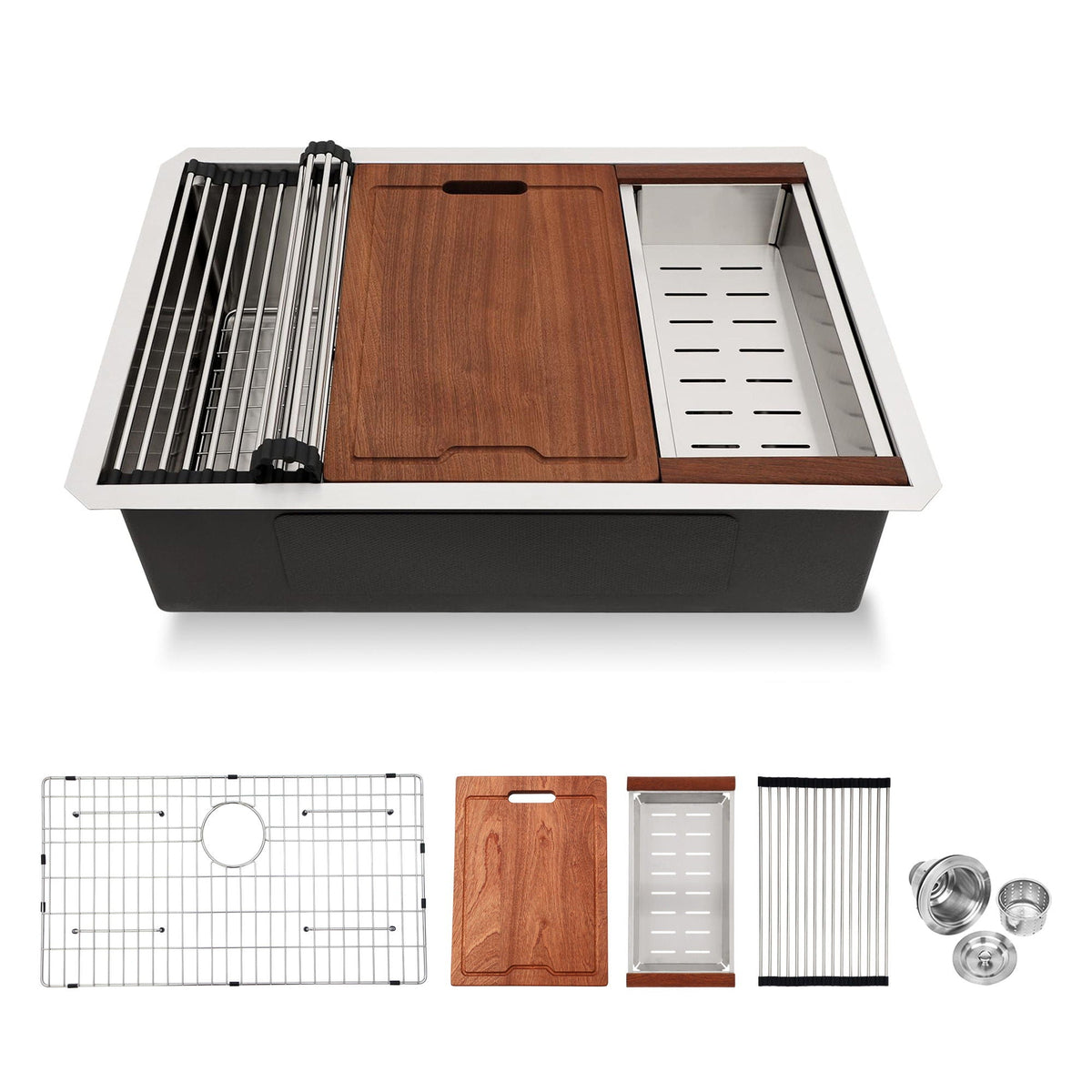 Single bowl undermount workstation sink by HouseOfZazla with board and rack accessories on Tampa Home & Garden Store