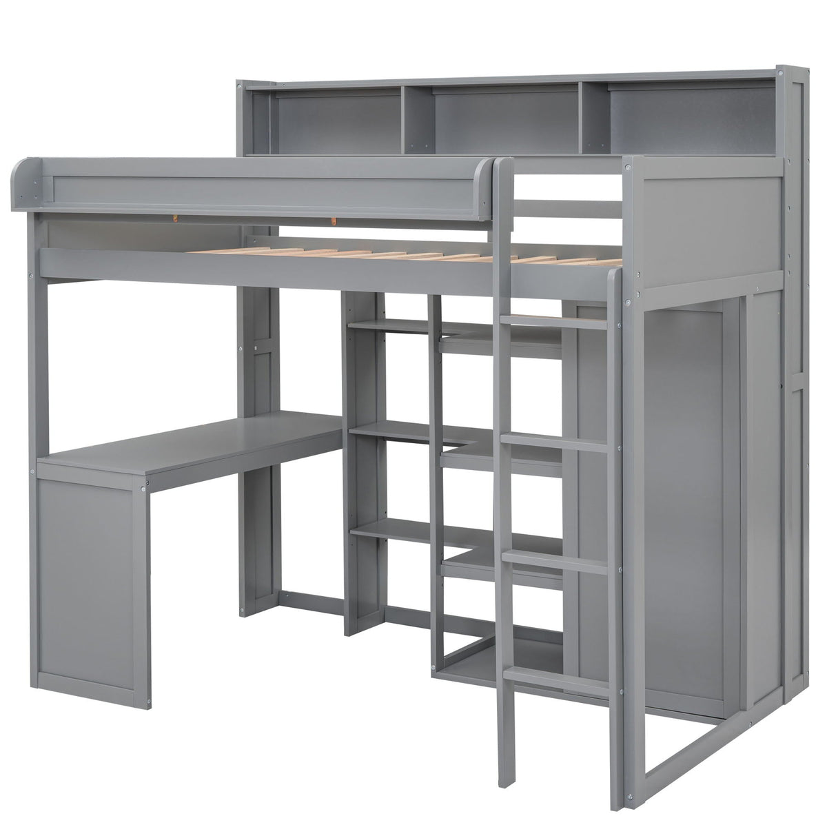 Loft bed with built-in desk, storage shelves, and wardrobe in gray metal by HouseOfZazla on Tampa Home & Garden Store