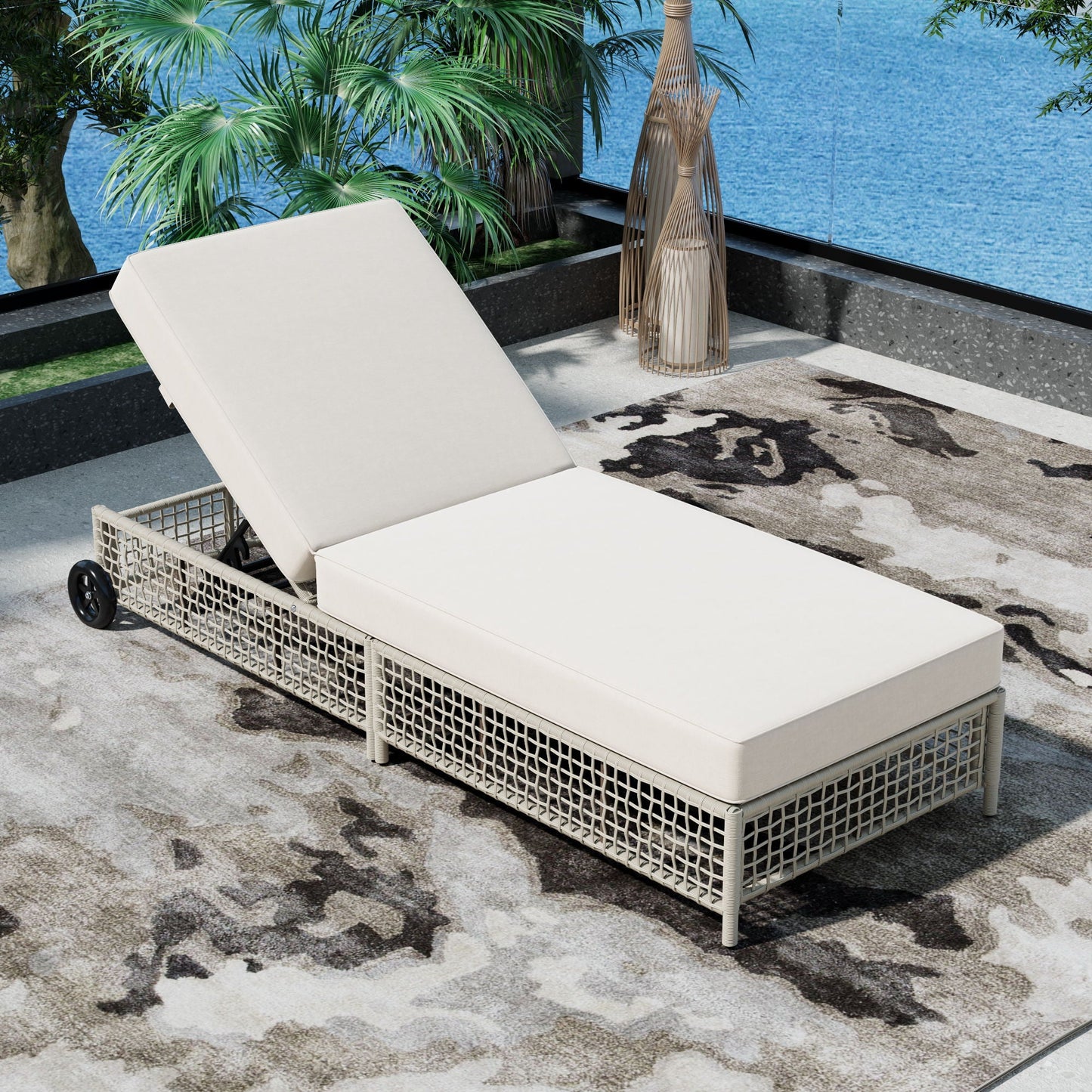 Outdoor lounge chair with 5-position backrest and cushioned seat on wheeled wicker frame on Tampa Home & Garden Store