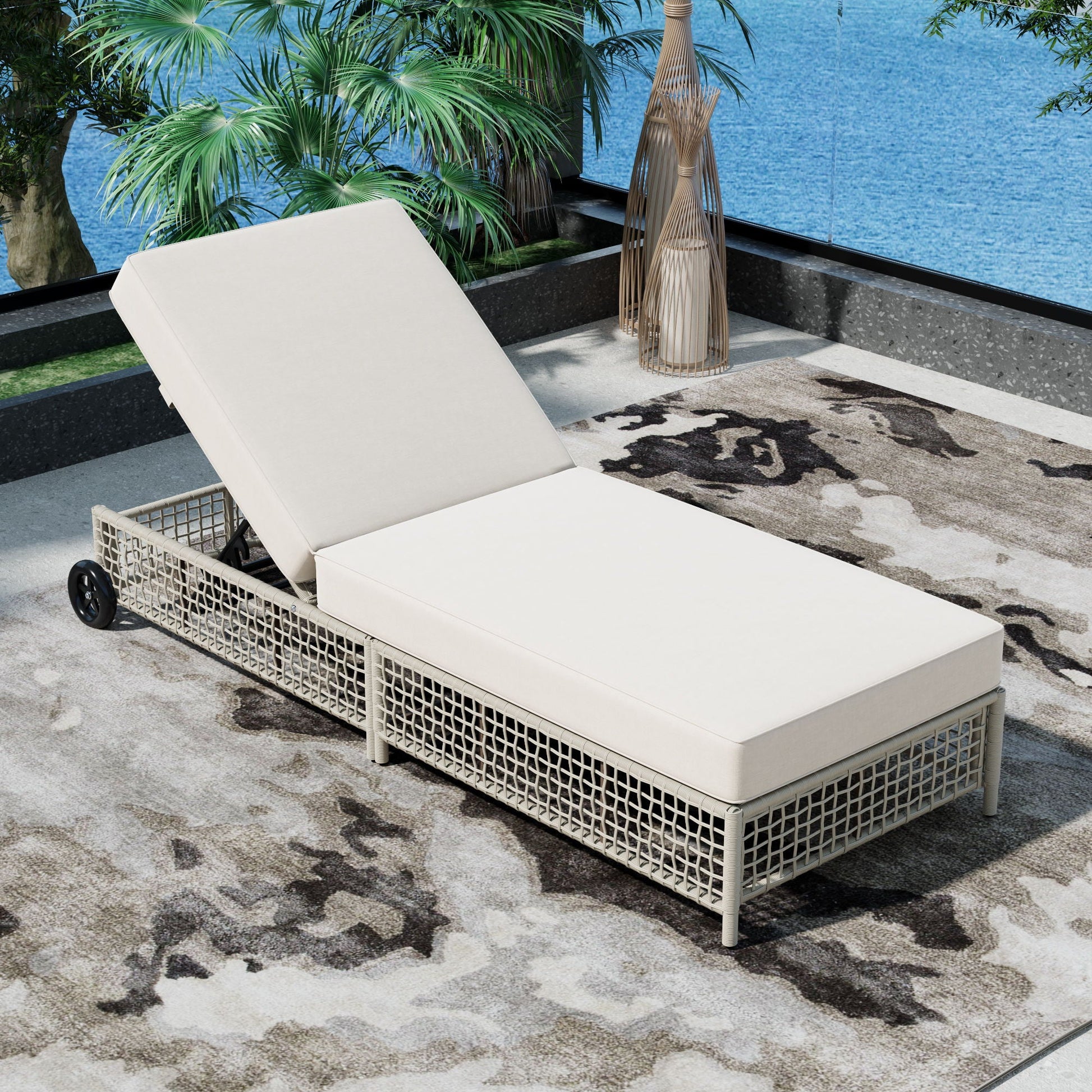 Outdoor lounge chair with 5-position backrest and cushioned seat on wheeled wicker frame on Tampa Home & Garden Store