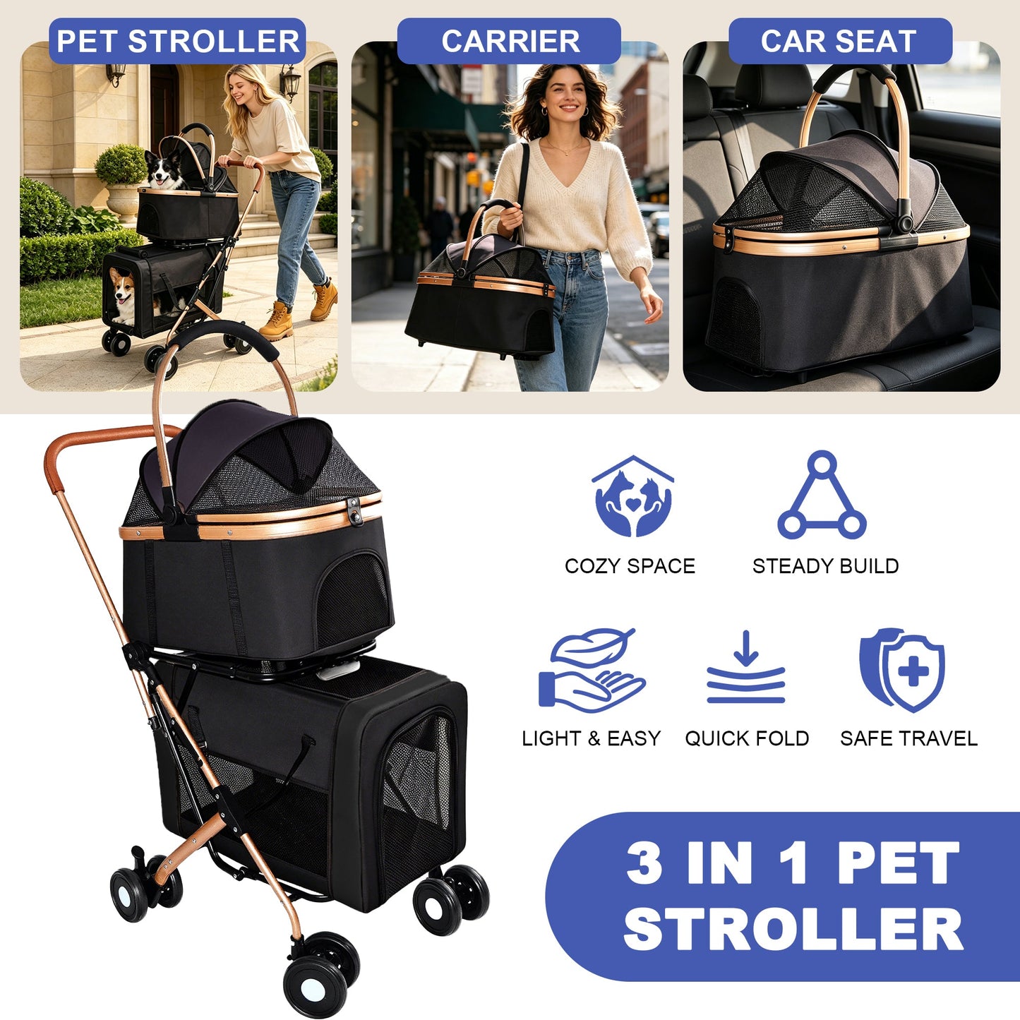 Double Pet Stroller by HouseOfZazla; 3-in-1 stroller with carrier and car seat for dogs and cats on Tampa Home & Garden Store