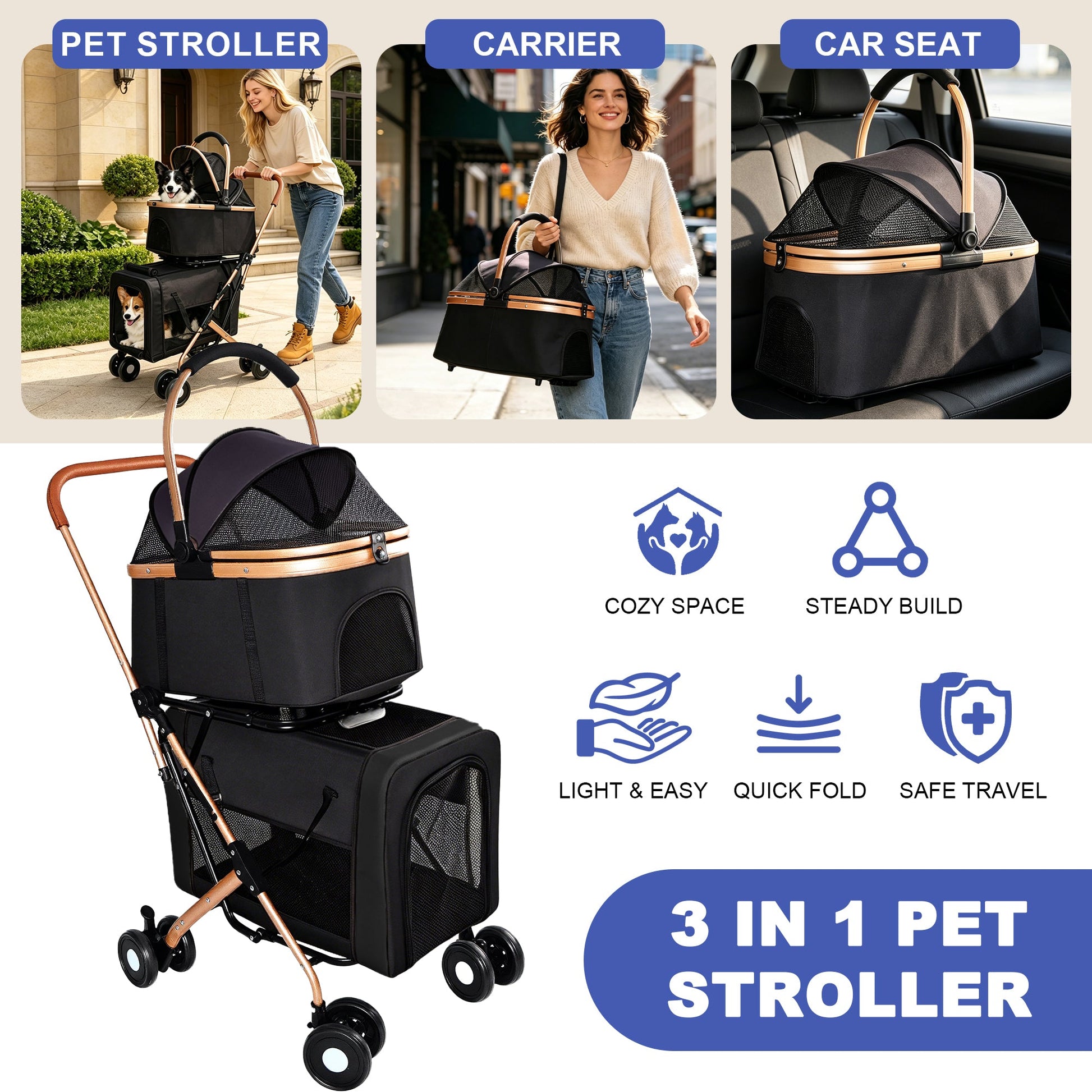 Double Pet Stroller by HouseOfZazla; 3-in-1 stroller with carrier and car seat for dogs and cats on Tampa Home & Garden Store