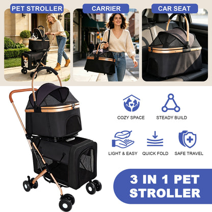 Double Pet Stroller by HouseOfZazla; 3-in-1 stroller with carrier and car seat for dogs and cats on Tampa Home & Garden Store