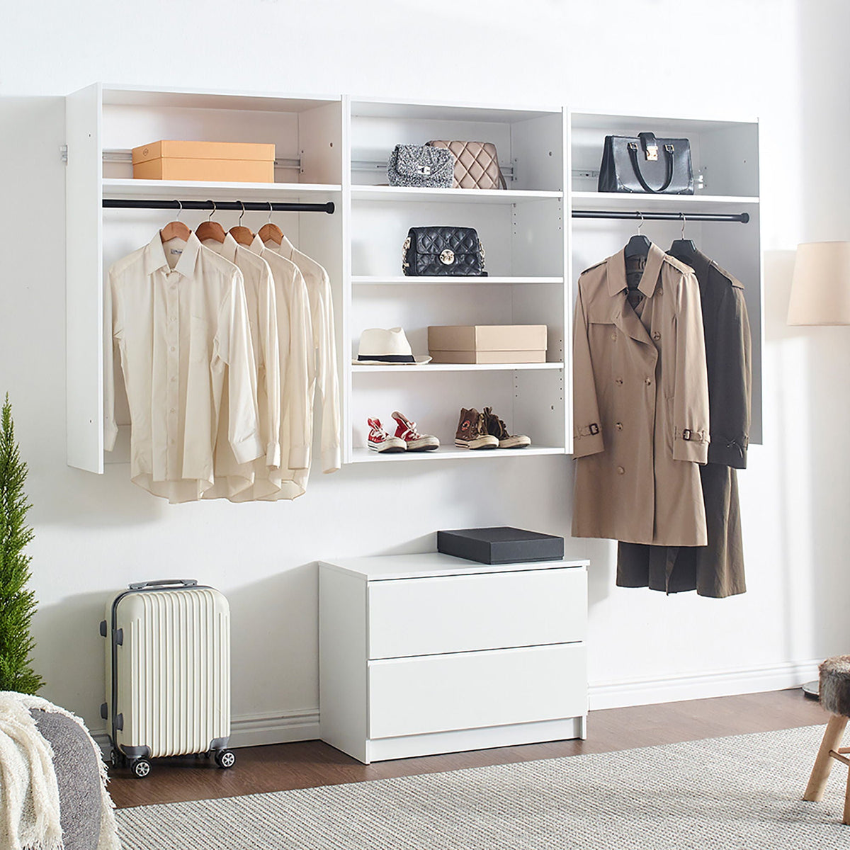 Wall mounted white wooden triple wardrobe system with shelves and rods coats and handbags on Tampa Home & Garden Store