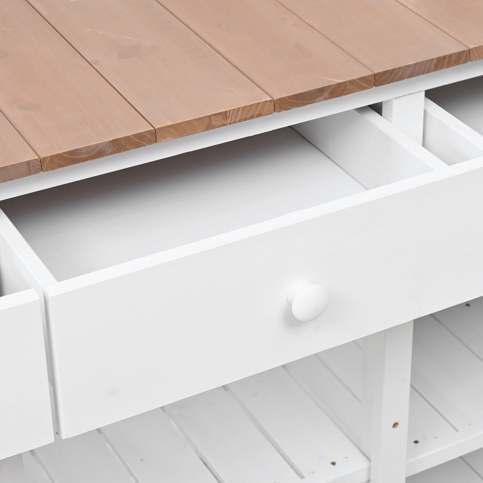TOPMAX 65.7in potting bench with natural wood top and white base, drawer knob on Tampa Home & Garden Store