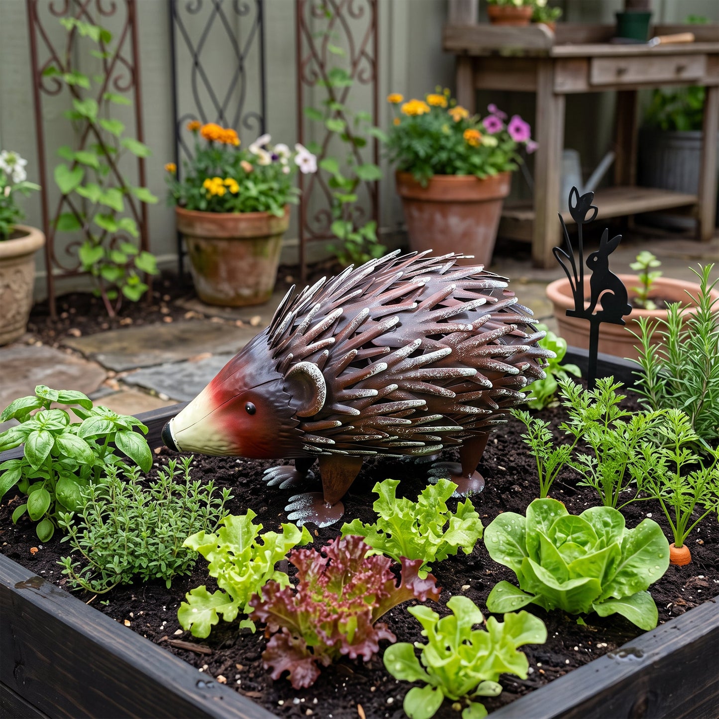 Handmade Wrought Iron Hedgehog Garden Statue by HouseOfZazla; brown spiky hedgehog sculpture on Tampa Home & Garden Store