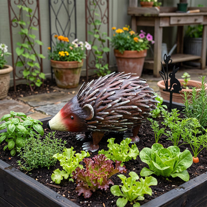 Handmade Wrought Iron Hedgehog Garden Statue by HouseOfZazla; brown spiky hedgehog sculpture on Tampa Home & Garden Store