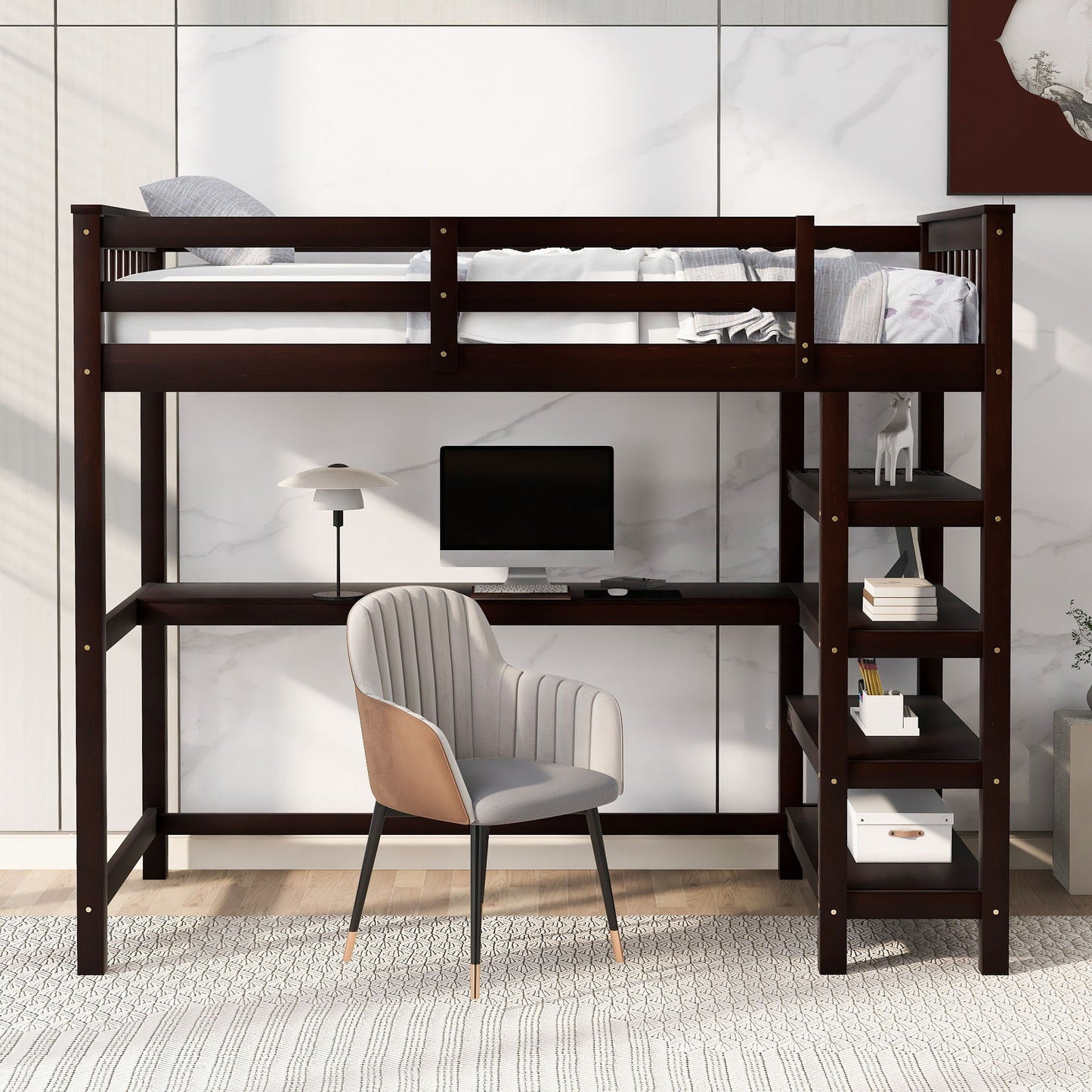 Loft bed with storage shelves and under-bed desk in dark espresso wood by HouseOfZazla on Tampa Home & Garden Store